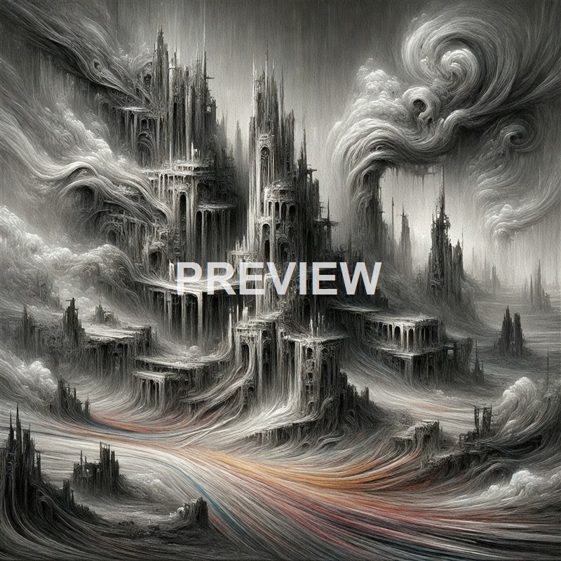 A surreal, monochromatic cityscape with towering, intricate structures and swirling clouds, creating a dreamlike and ominous atmosphere.